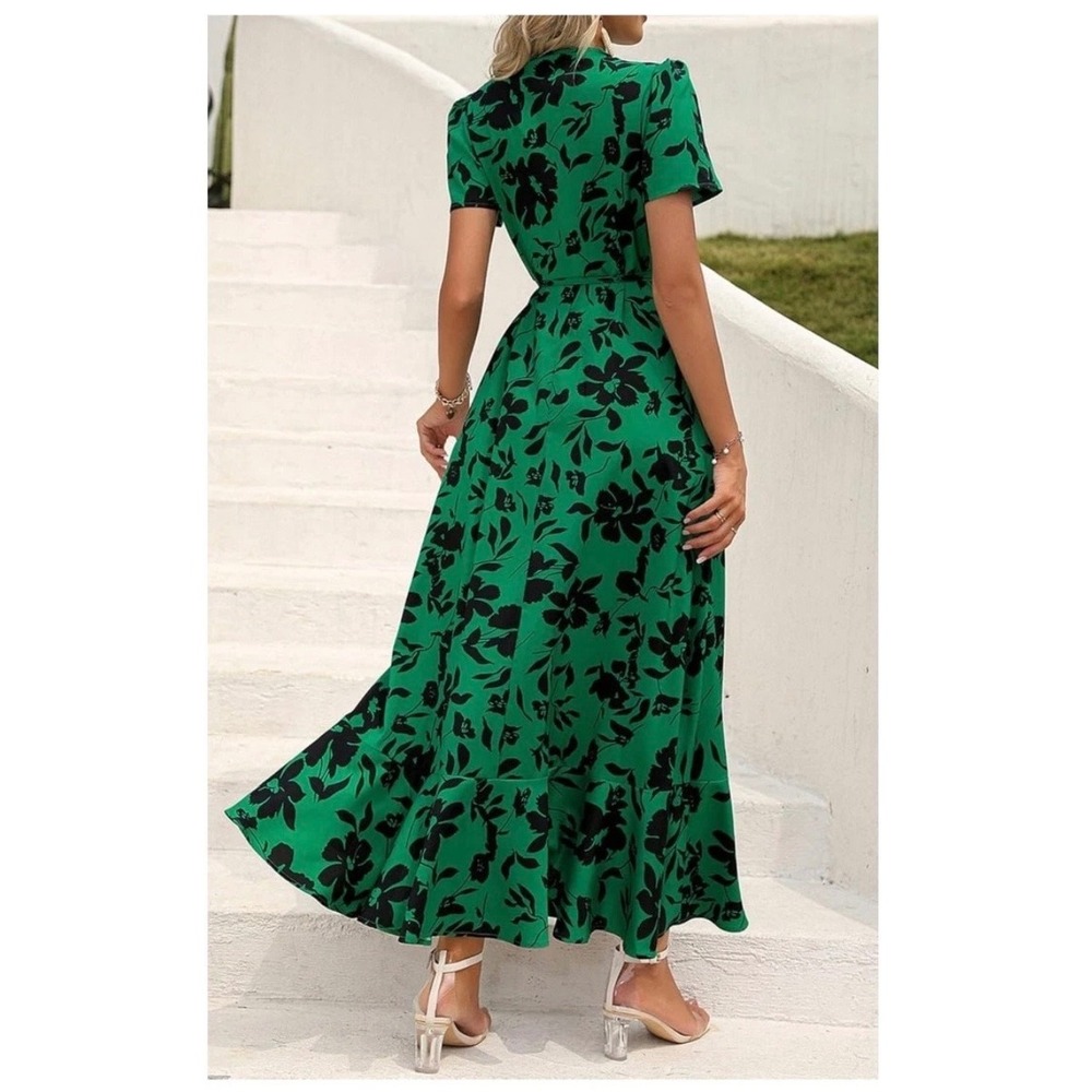 PrettyGarden Boho Green Floral Wrap Maxi Dress Wedding guest Ruffle Large NWT - Picture 8 of 9